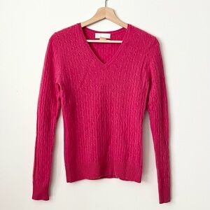Geneva Women's 100% 2-Ply Cashmere Cable Knit V-Neck Sweater Size M Hot Pink